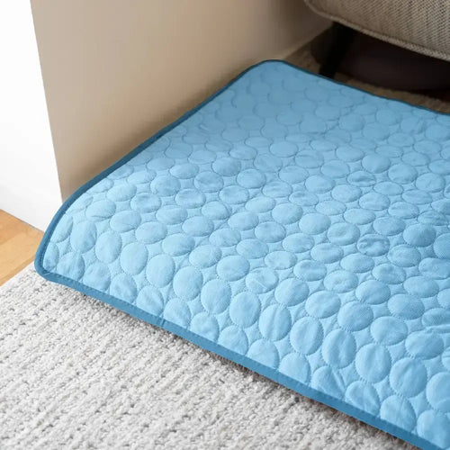 Tapis rafraîchissant bleu pour chien posé sur un tapis de salon