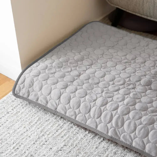 Tapis rafraîchissant gris pour chien posé sur un tapis de salon